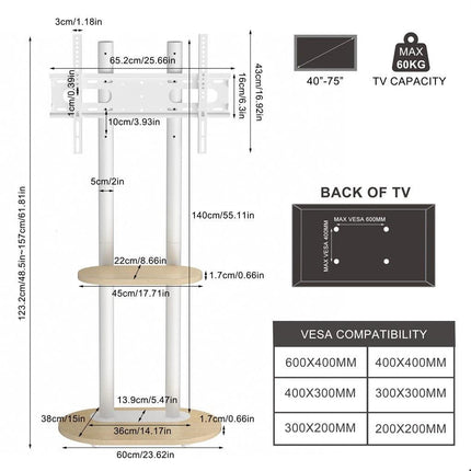 40-75 Inches Heavy Duty Mobile TV Floor Stand with Wooden Shelf, Height Adjustable Rolling TV Mount for Flat Screen, Free-Standing Steel TV Bracket with Wheels.