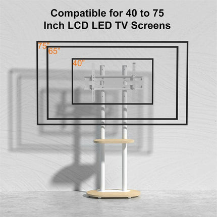 40-75 Inches Heavy Duty Mobile TV Floor Stand with Wooden Shelf, Height Adjustable Rolling TV Mount for Flat Screen, Free-Standing Steel TV Bracket with Wheels.
