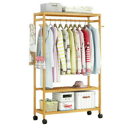 169cm Mildrew-proof Bamboo Clothes Shelves Stand On Wheels Coat Shoes Bags Rack.