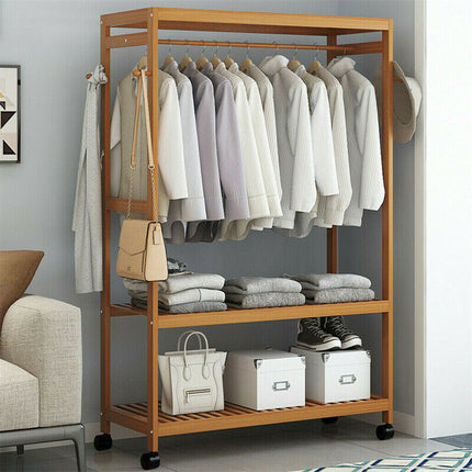 169cm Mildrew-proof Bamboo Clothes Shelves Stand On Wheels Coat Shoes Bags Rack.