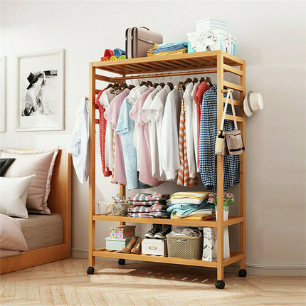 169cm Mildrew-proof Bamboo Clothes Shelves Stand On Wheels Coat Shoes Bags Rack.