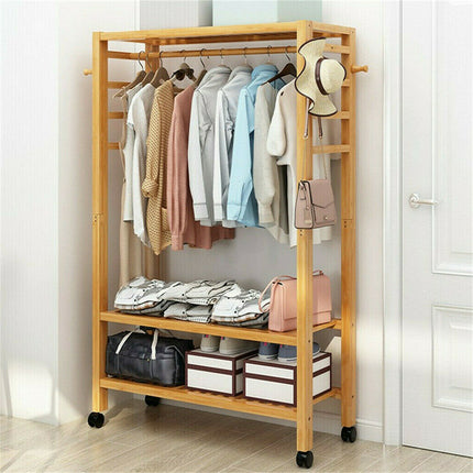 169cm Mildrew-proof Bamboo Clothes Shelves Stand On Wheels Coat Shoes Bags Rack.