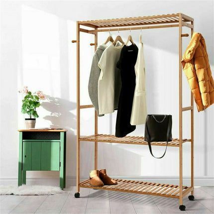 169cm Mildrew-proof Bamboo Clothes Shelves Stand On Wheels Coat Shoes Bags Rack.