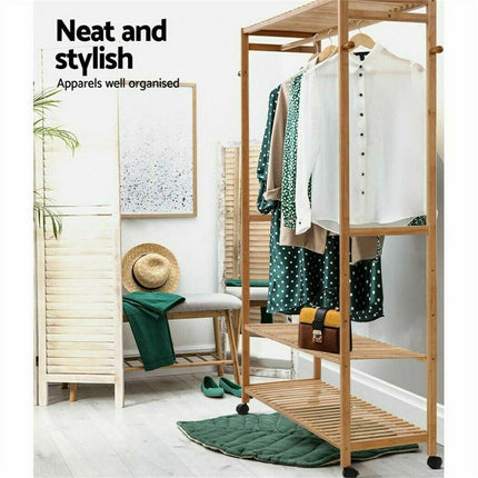 169cm Mildrew-proof Bamboo Clothes Shelves Stand On Wheels Coat Shoes Bags Rack.