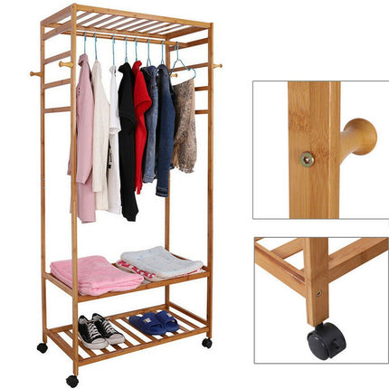 169cm Mildrew-proof Bamboo Clothes Shelves Stand On Wheels Coat Shoes Bags Rack.