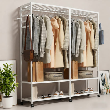 XXL Bamboo Clothes Rail Coat Rack with Wheels, Wooden Open Wardrobe Garment Organizer with Hanging Rod, Shelves and Hooks, White Freestanding Clothes Stand.
