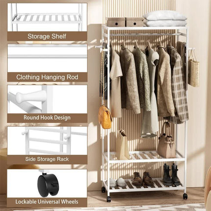 XXL Bamboo Clothes Rail Coat Rack with Wheels, Wooden Open Wardrobe Garment Organizer with Hanging Rod, Shelves and Hooks, White Freestanding Clothes Stand.