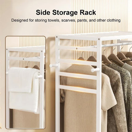 XXL Bamboo Clothes Rail Coat Rack with Wheels, Wooden Open Wardrobe Garment Organizer with Hanging Rod, Shelves and Hooks, White Freestanding Clothes Stand.