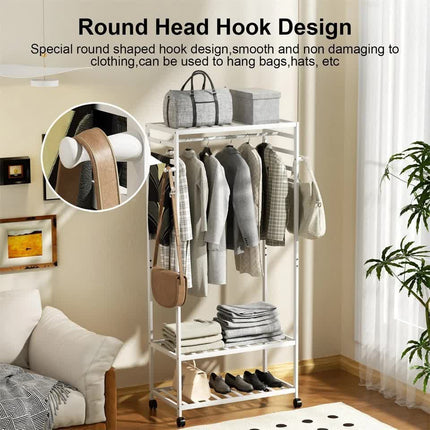 XXL Bamboo Clothes Rail Coat Rack with Wheels, Wooden Open Wardrobe Garment Organizer with Hanging Rod, Shelves and Hooks, White Freestanding Clothes Stand.