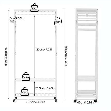 XXL Bamboo Clothes Rail Coat Rack with Wheels, Wooden Open Wardrobe Garment Organizer with Hanging Rod, Shelves and Hooks, White Freestanding Clothes Stand.