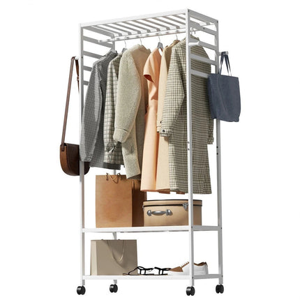 XXL Bamboo Clothes Rail Coat Rack with Wheels, Wooden Open Wardrobe Garment Organizer with Hanging Rod, Shelves and Hooks, White Freestanding Clothes Stand.