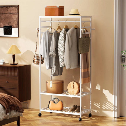 XXL Bamboo Clothes Rail Coat Rack with Wheels, Wooden Open Wardrobe Garment Organizer with Hanging Rod, Shelves and Hooks, White Freestanding Clothes Stand.