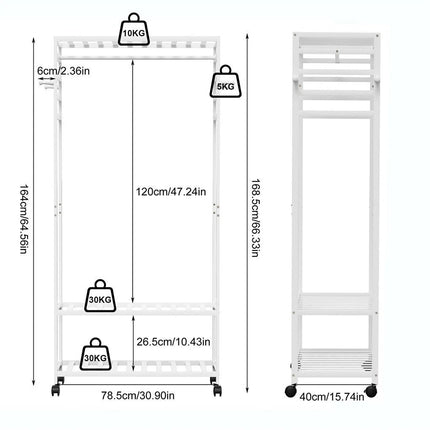 XXL Bamboo Clothes Rail Coat Rack with Wheels, Wooden Open Wardrobe Garment Organizer with Hanging Rod, Shelves and Hooks, White Freestanding Clothes Stand.