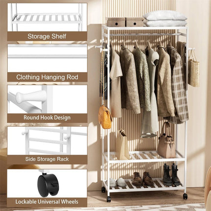 XXL Bamboo Clothes Rail Coat Rack with Wheels, Wooden Open Wardrobe Garment Organizer with Hanging Rod, Shelves and Hooks, White Freestanding Clothes Stand.