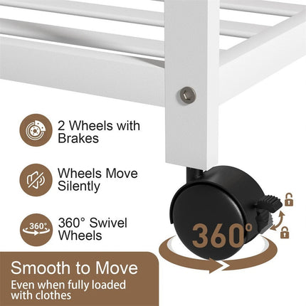 XXL Bamboo Clothes Rail Coat Rack with Wheels, Wooden Open Wardrobe Garment Organizer with Hanging Rod, Shelves and Hooks, White Freestanding Clothes Stand.