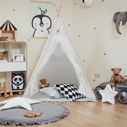 Xxl Kids Play Teepee Tent Indoor Boho Tent Foldable Tipi With Window/Pompom/Mat.