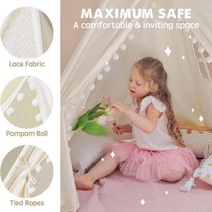 Xxl Kids Play Teepee Tent Indoor Boho Tent Foldable Tipi With Window/Pompom/Mat.