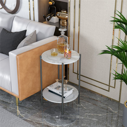 High Gloss Marble Top End Table Coffee Side Table w/ Rustproof Solid Iron Frame.