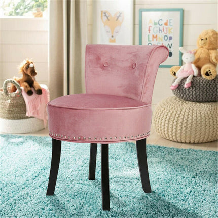 Pink Round Vanity Stool with Padded Seat and Backrest.