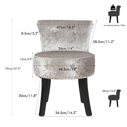 Grey Round Vanity Stool with Padded Seat and Backrest.