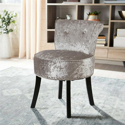 Grey Round Vanity Stool with Padded Seat and Backrest.