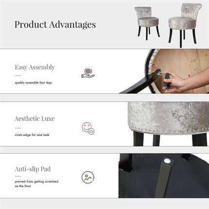 Grey Round Vanity Stool with Padded Seat and Backrest.