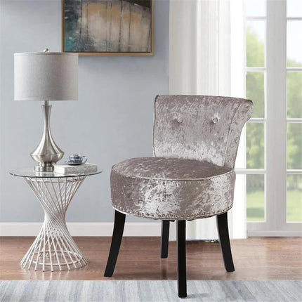Grey Round Vanity Stool with Padded Seat and Backrest.