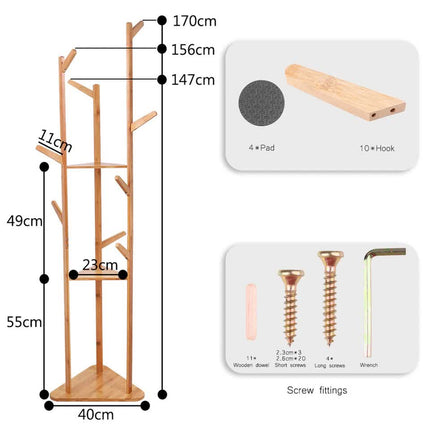 Wooden Coat and Hat Stand with 10 Hooks – Floor Standing Clothes and Umbrella Rack.