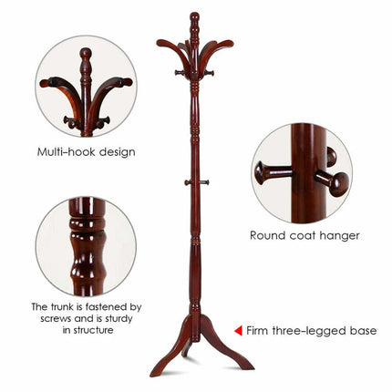 Vintage Wooden Coat Rack Stand with 13 Hooks for Hats, Clothes and Handbags.