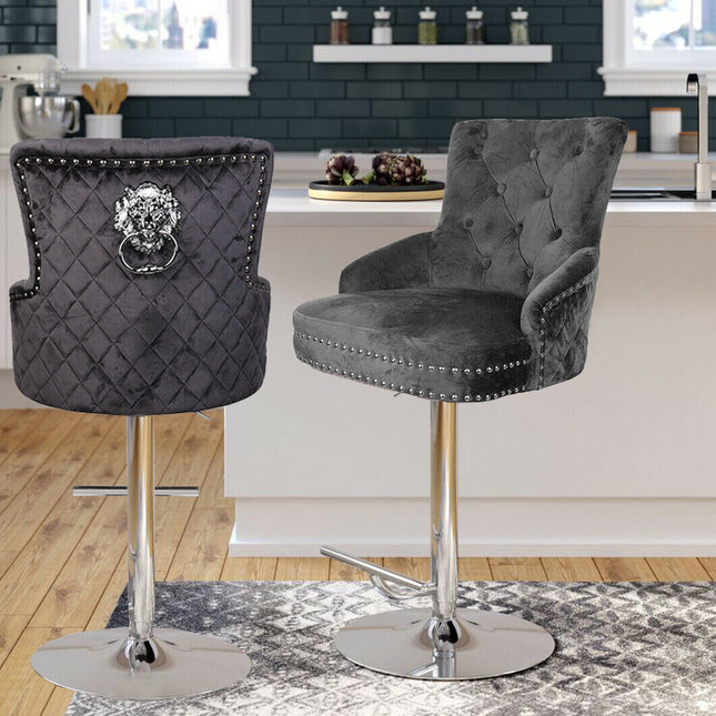 Luxury Black Velvet Swivel Bar Stool With Lion Knocker & Cross Stitch High Back.