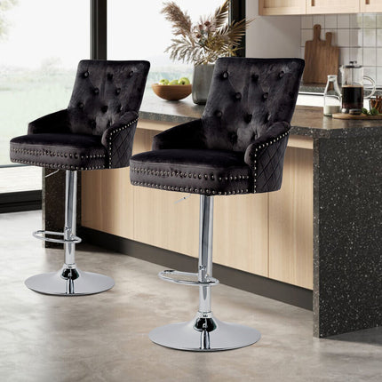 Luxury Black Velvet Swivel Bar Stool With Lion Knocker & Cross Stitch High Back.