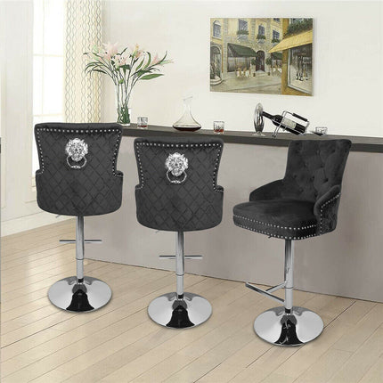 Luxury Black Velvet Swivel Bar Stool With Lion Knocker & Cross Stitch High Back.
