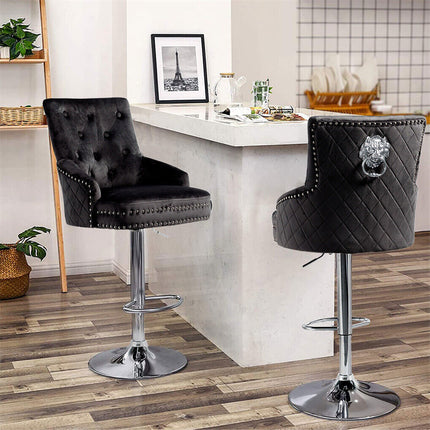 Luxury Black Velvet Swivel Bar Stool With Lion Knocker & Cross Stitch High Back.