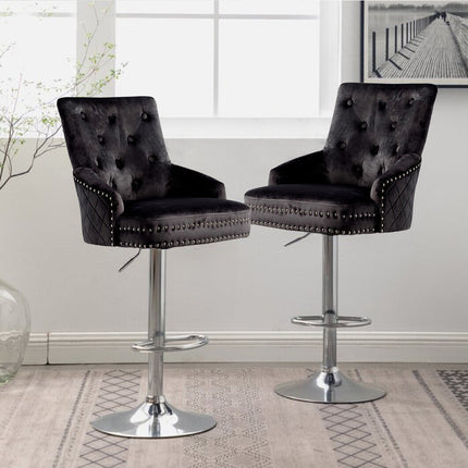 Luxury Black Velvet Swivel Bar Stool With Lion Knocker & Cross Stitch High Back.
