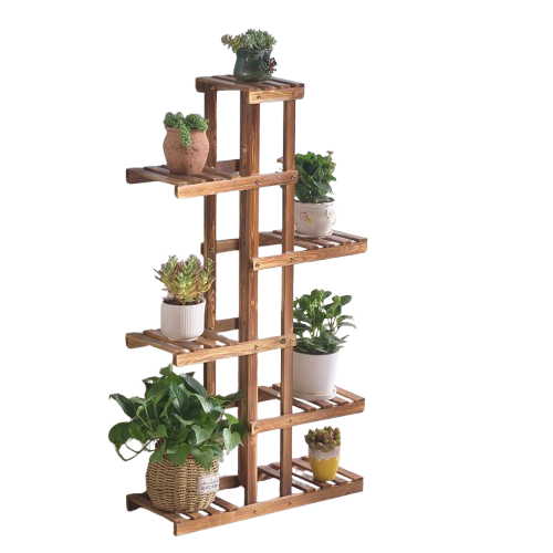 Fin Xxl Carbonized Wood Plant Stand 11 Pots Bonsai Display Shelf Flower Rack Corner.