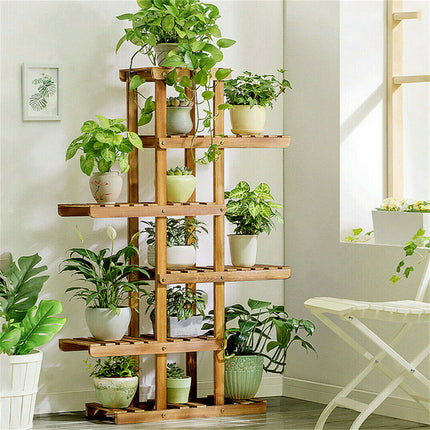 Fin Xxl Carbonized Wood Plant Stand 11 Pots Bonsai Display Shelf Flower Rack Corner.