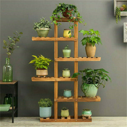 Fin Xxl Carbonized Wood Plant Stand 11 Pots Bonsai Display Shelf Flower Rack Corner.