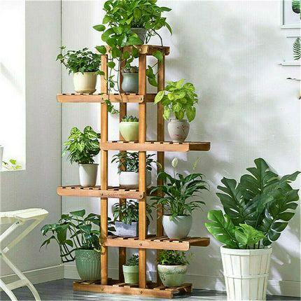 Fin Xxl Carbonized Wood Plant Stand 11 Pots Bonsai Display Shelf Flower Rack Corner.