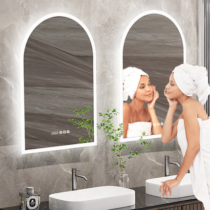 Arch Dimmable Led Bathroom Vanity Mirror w Antifog Temperature Date Time Display.