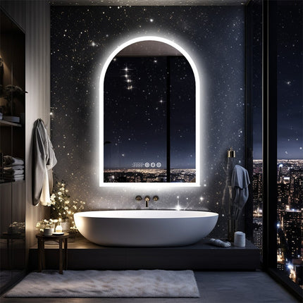 Arch Dimmable Led Bathroom Vanity Mirror w Antifog Temperature Date Time Display.