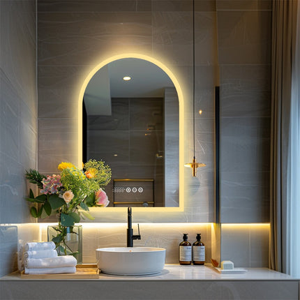Arch Dimmable Led Bathroom Vanity Mirror w Antifog Temperature Date Time Display.