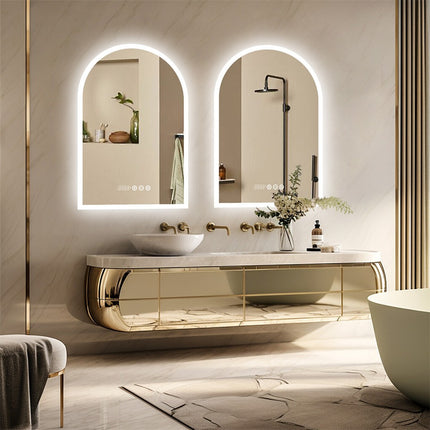 Arch Dimmable Led Bathroom Vanity Mirror w Antifog Temperature Date Time Display.