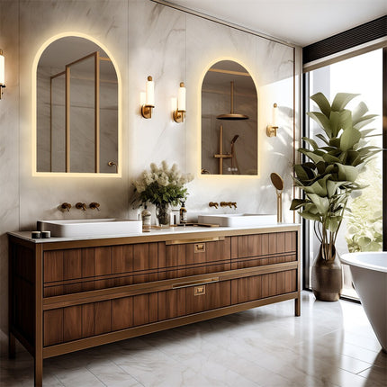 Arch Dimmable Led Bathroom Vanity Mirror w Antifog Temperature Date Time Display.