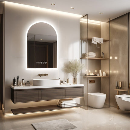 Arch Dimmable Led Bathroom Vanity Mirror w Antifog Temperature Date Time Display.