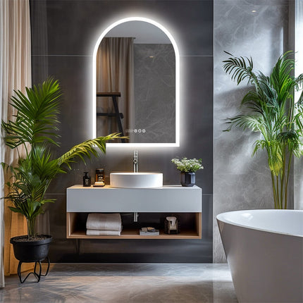 Arch Dimmable Led Bathroom Vanity Mirror w Antifog Temperature Date Time Display.