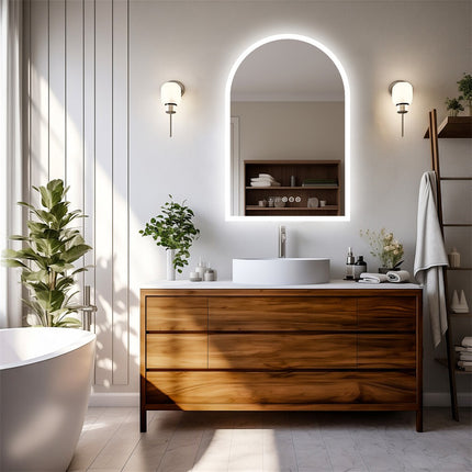 Arch Dimmable Led Bathroom Vanity Mirror w Antifog Temperature Date Time Display.
