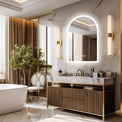 Arch Dimmable Led Bathroom Vanity Mirror w Antifog Temperature Date Time Display.