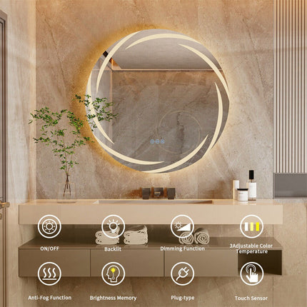 Round LED Anti-Fog Backlit Bathroom Mirror(80x80cm).