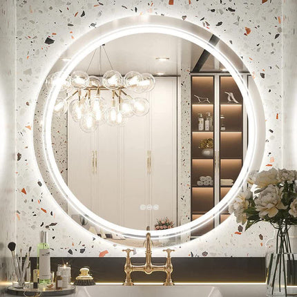 P&P Silver Mirror With White Frame Round LED Bathroom Mirror.