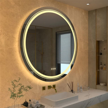 P&P Silver Mirror With White Frame Round LED Bathroom Mirror.
